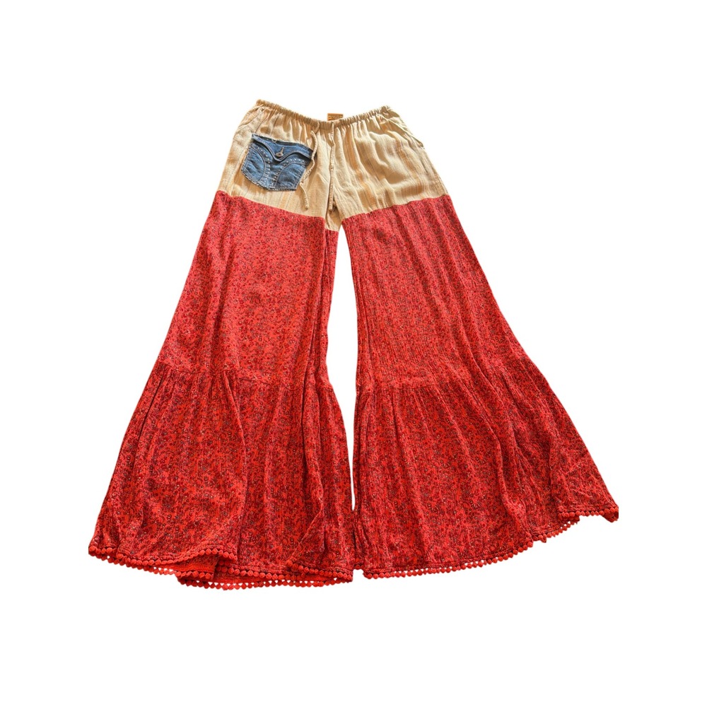 The Morgan Factory Pants Red Beige Floral Repurposed Denim Pocket Wide Leg Boho